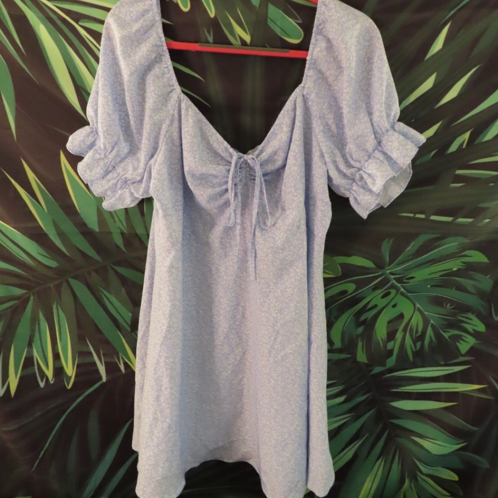 SHEIN Plus Puff Sleeve Drawstring Allover Print Milkmaid Dress in Baby Blue